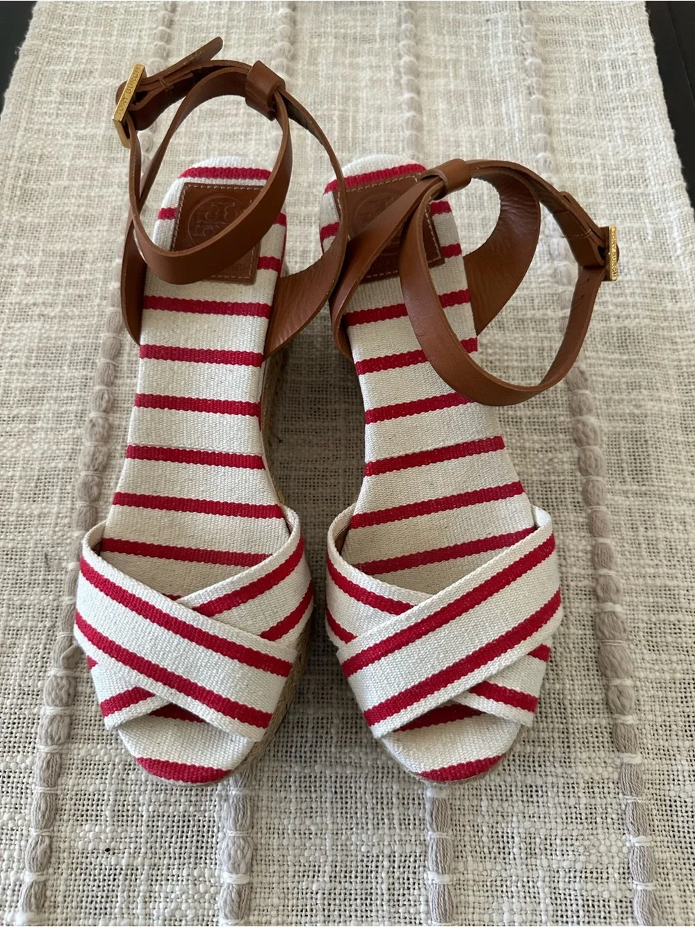 Tory Burch Red and White Striped “Karissa”Espadrille Wedges with Tan Ankle Strap